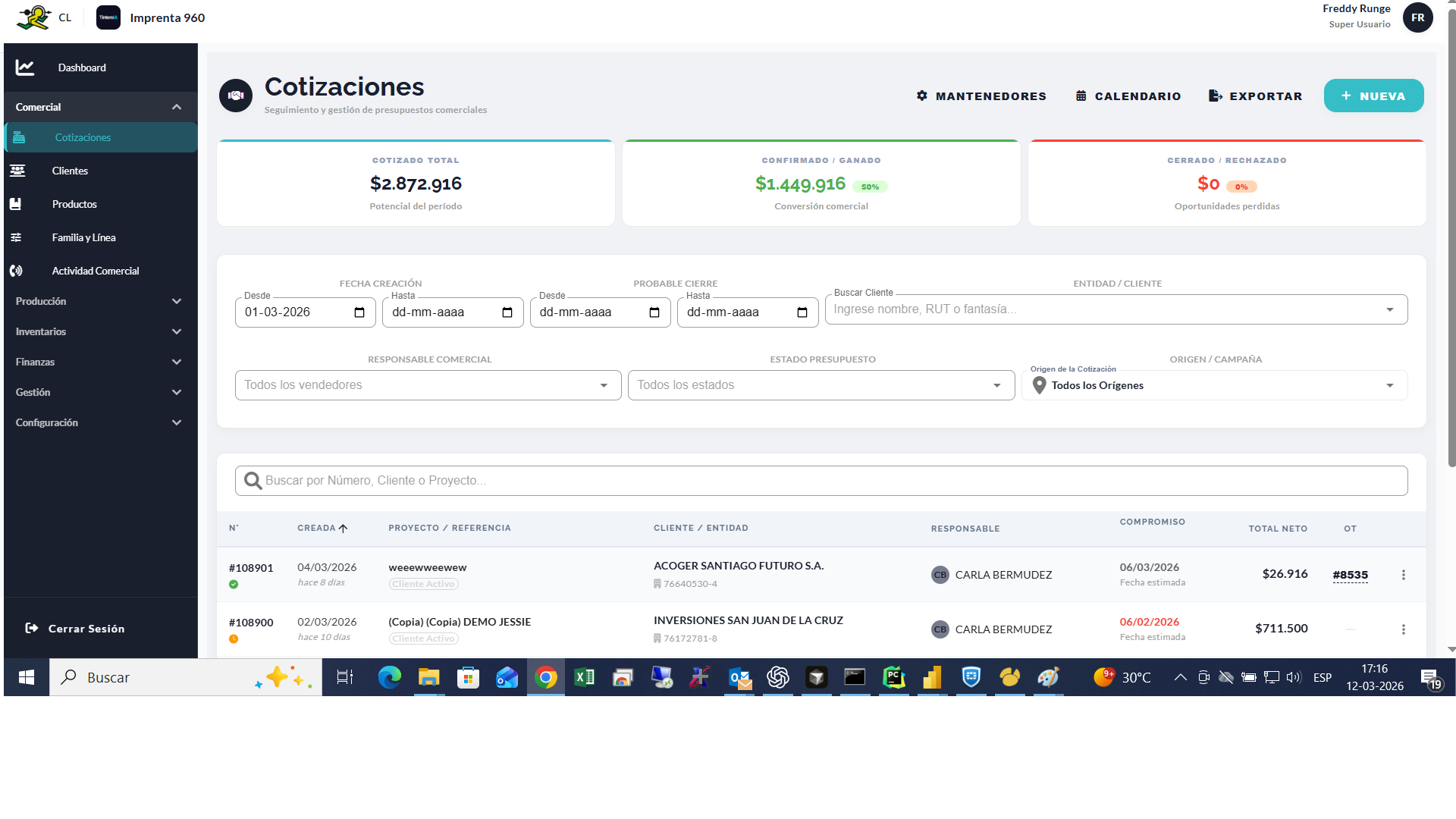 Módulo de cotizaciones de Runflow ERP